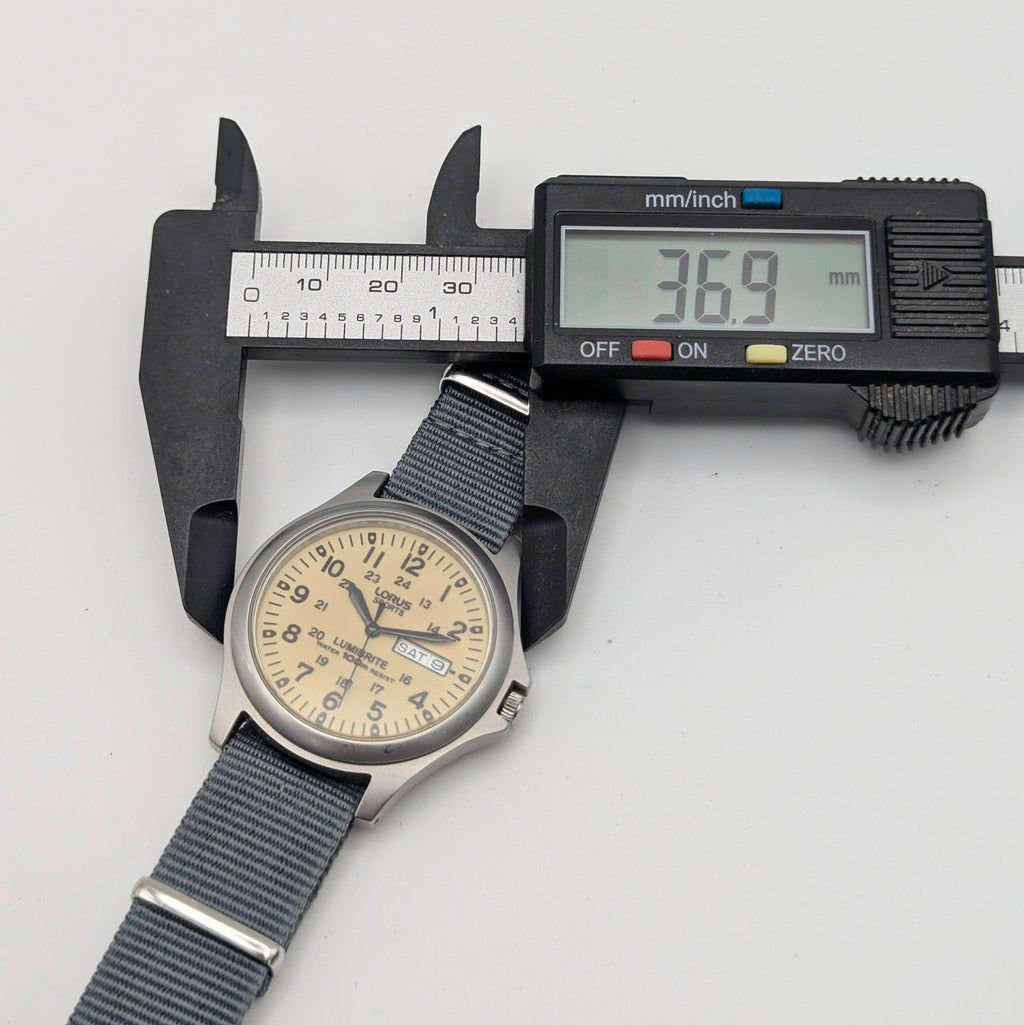 Lorus Sports Military Field Quartz Watch — Cream Lumibrite Dial, Day-Date, 100m WR, NATO Strap, Sold Naked - Bezel & Hide