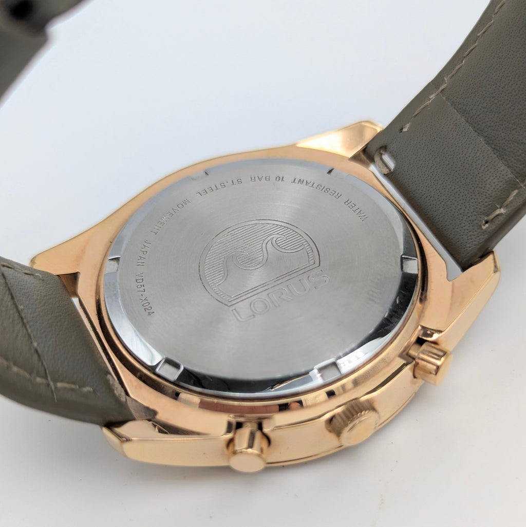 Lorus VD57-X024 Chronograph Men's Watch — Rose Gold-Tone, Black Dial - Bezel & Hide