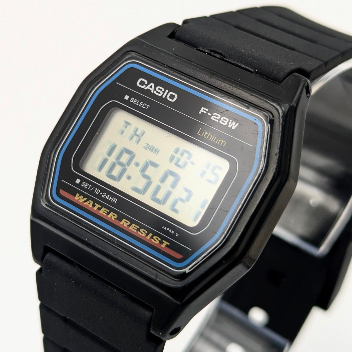 Casio F-28W Digital Quartz Watch | Black Resin & Blue Trim