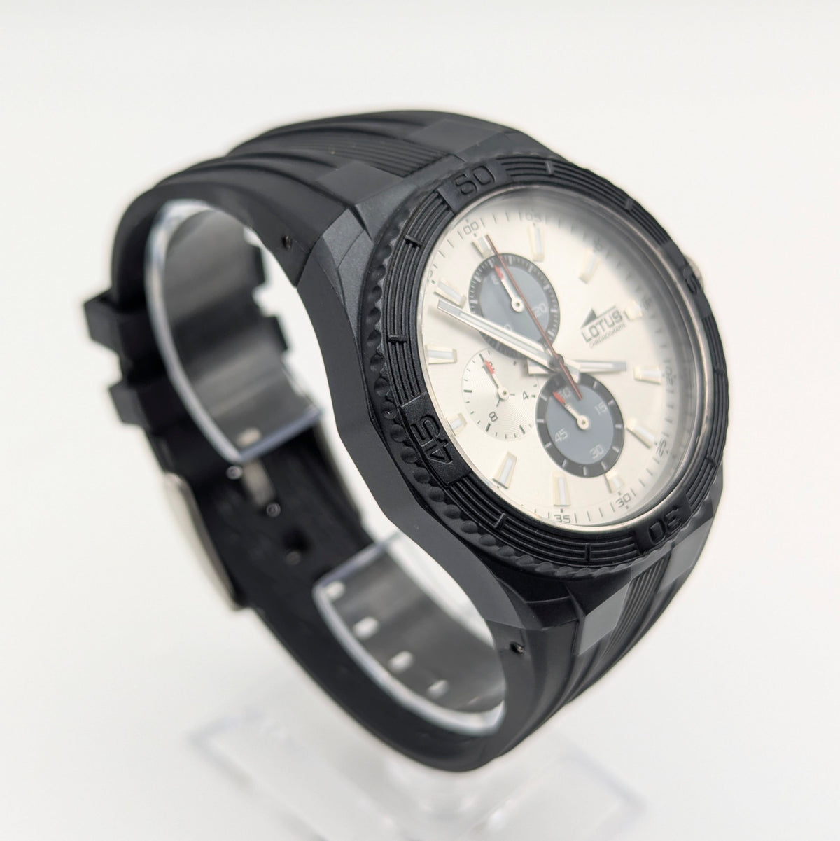 Lotus Chronograph Men's Quartz Watch — Black PVD, Silver Dial, Ref 15679, Sold Naked - Bezel & Hide
