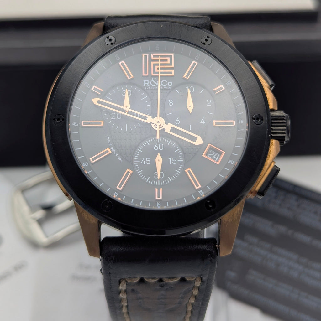 Rotary R&Co Suisse Chronograph — Bold Two-Tone Sports Chrono with Vintage Strap - Bezel & Hide