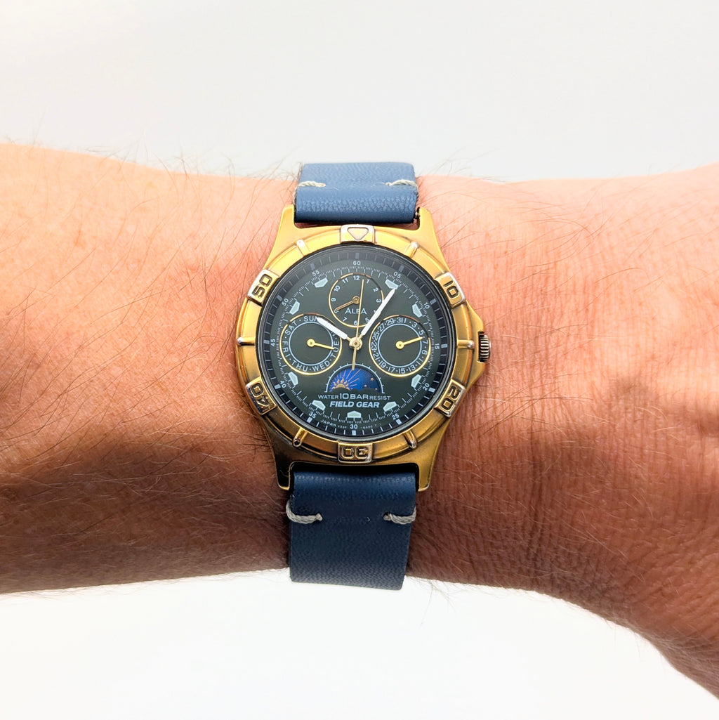 Alba Field Gear V33F-6A80 Triple Calendar Watch – Gold Tone, Dark Dial
