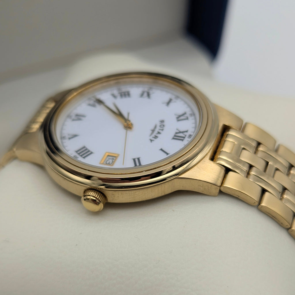 Rotary Gold-Plated Classic Quartz Watch — White Roman Dial, Full Set - Bezel & Hide