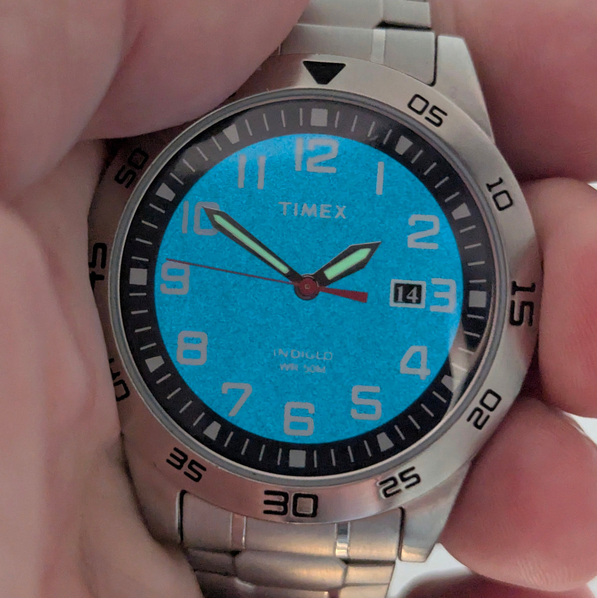Timex Fieldstone Way Indiglo WR50M Sport Watch — Navy Dial, Expansion Bracelet, Date, Sold Naked - Bezel & Hide