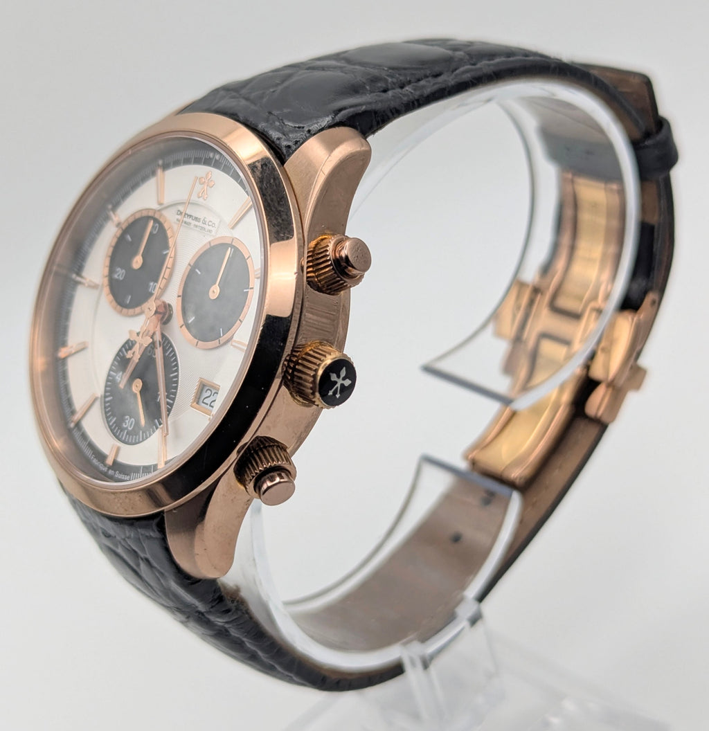 Dreyfuss & Co. Swiss Quartz Chronograph Men's Watch — Rose Gold, White Panda Dial - Bezel & Hide