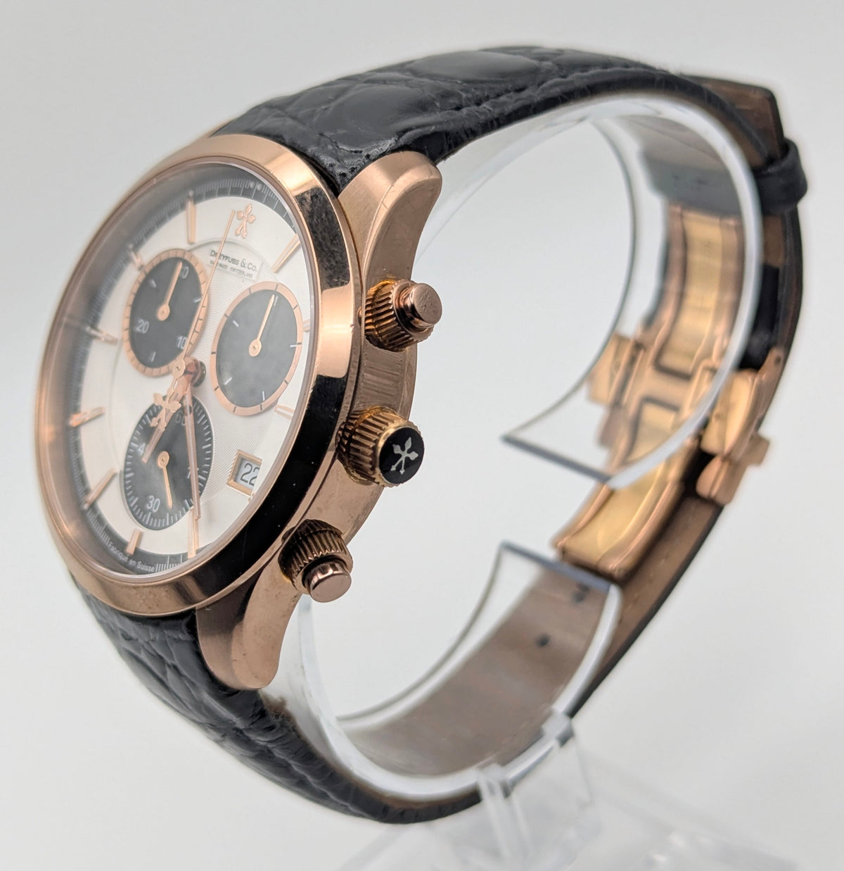 Dreyfuss & Co. Swiss Quartz Chronograph Men's Watch — Rose Gold, White Panda Dial - Bezel & Hide