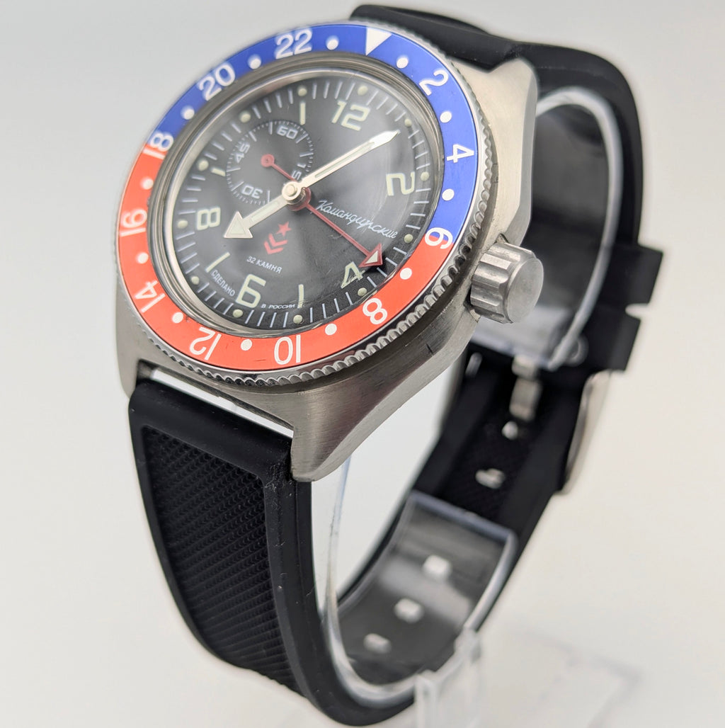 Vostok Komandirskie GMT Automatic — Pepsi Bezel, Black Dial, Men's Watch - Bezel & Hide