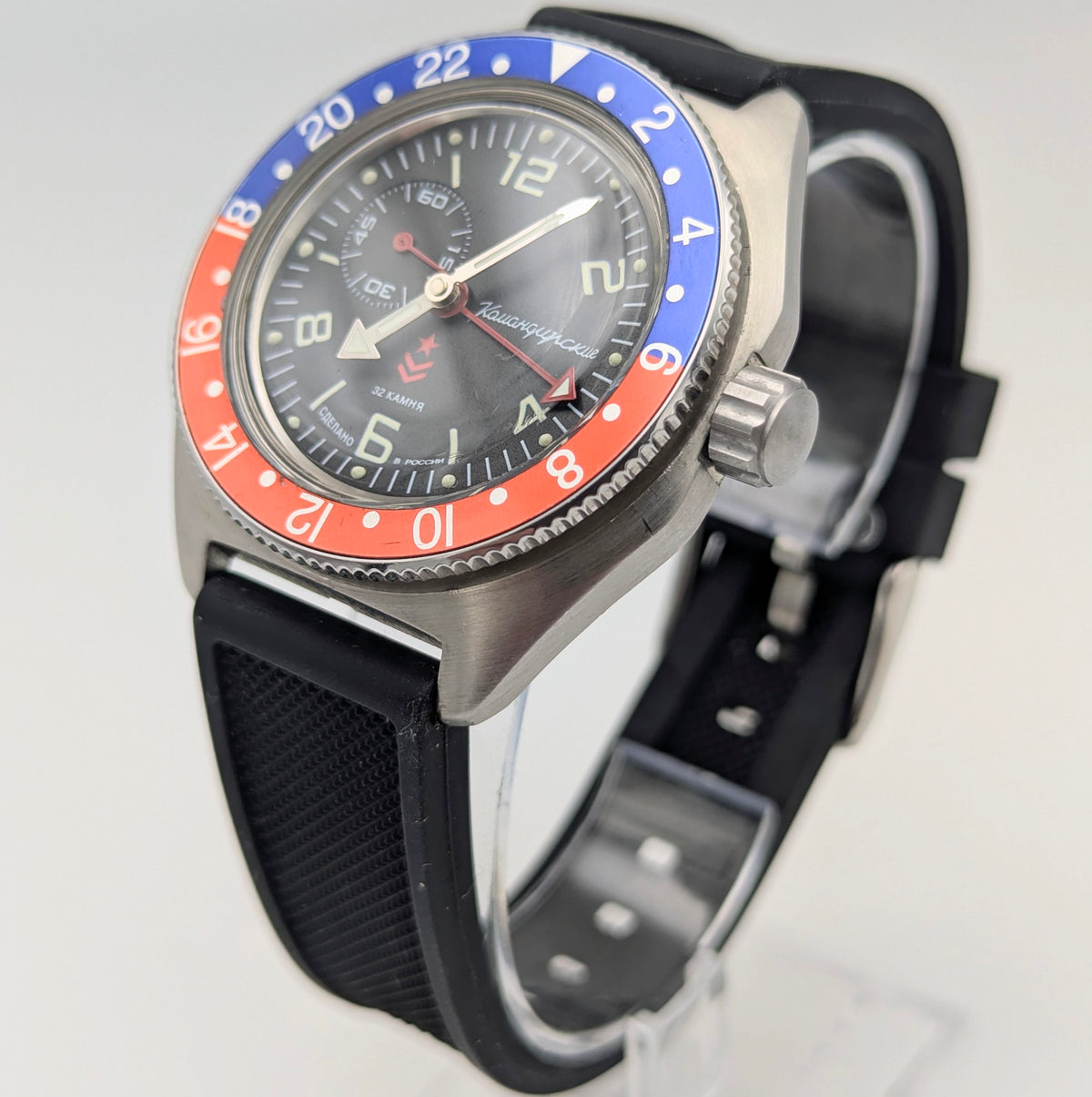 Vostok Komandirskie GMT Automatic — Pepsi Bezel, Black Dial, Men's Watch - Bezel & Hide