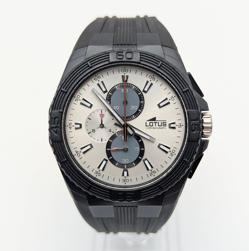 Lotus Chronograph Men's Quartz Watch — Black PVD, Silver Dial, Ref 15679, Sold Naked - Bezel & Hide