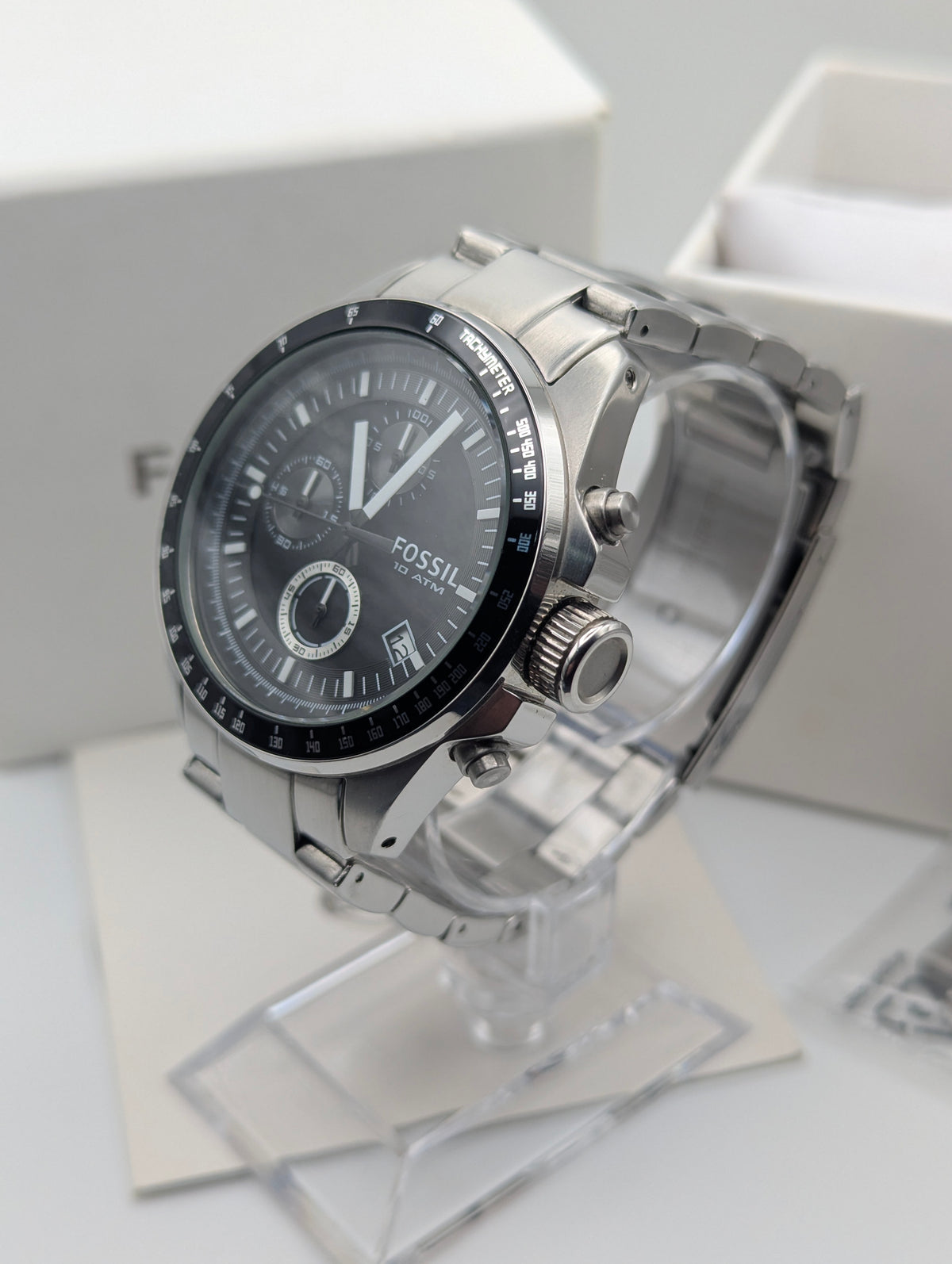 Fossil CH2600 Chronograph — Black Dial, Stainless Steel Bracelet, Box & Spare Links - Bezel & Hide