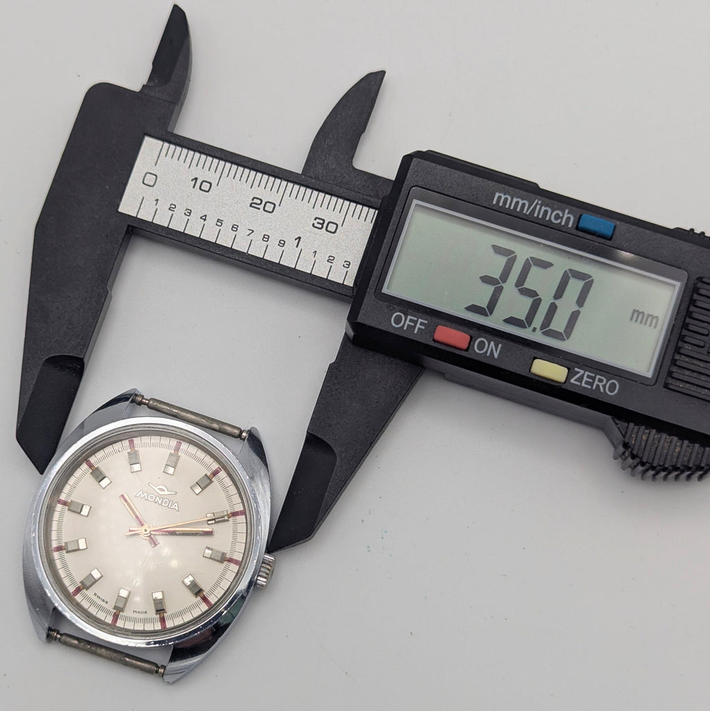 Mondia Manual Wind Watch Mens — Vintage Swiss Cushion Case, Silver Sunburst Dial, Sold Naked - Bezel & Hide