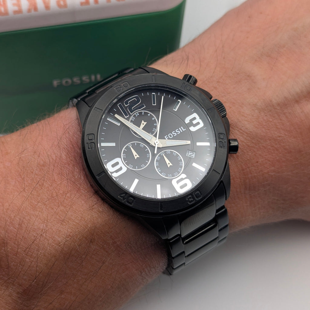 Fossil BQ2184 Quartz Chronograph — Black Dial, Gunmetal-Tone Bracelet, Tin & Spare Links - Bezel & Hide