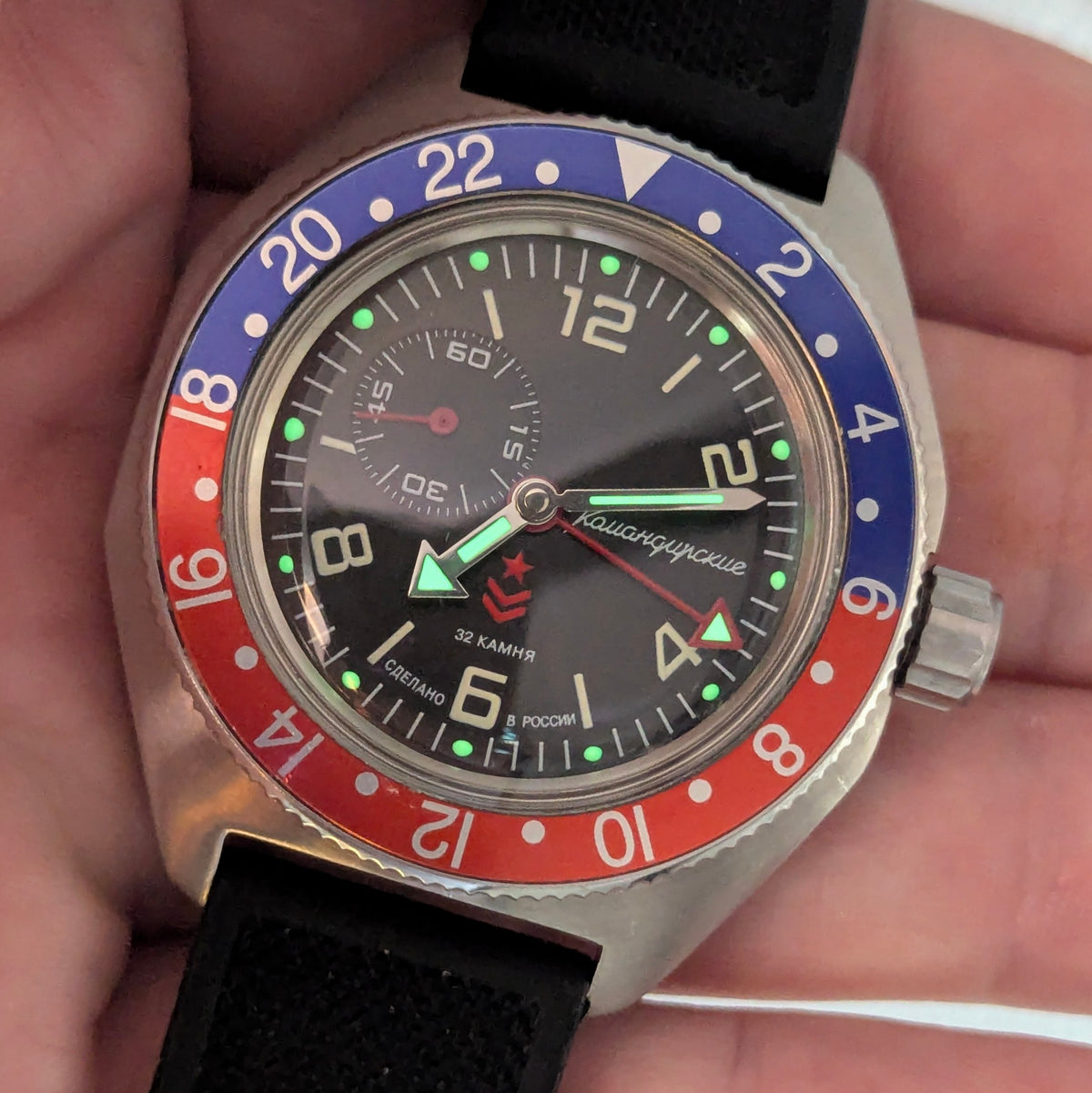 Vostok Komandirskie GMT Automatic — Pepsi Bezel, Black Dial, Men's Watch - Bezel & Hide