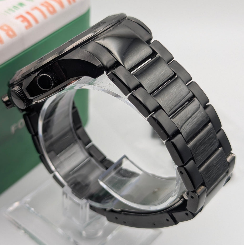 Fossil BQ2184 Quartz Chronograph — Black Dial, Gunmetal-Tone Bracelet, Tin & Spare Links - Bezel & Hide