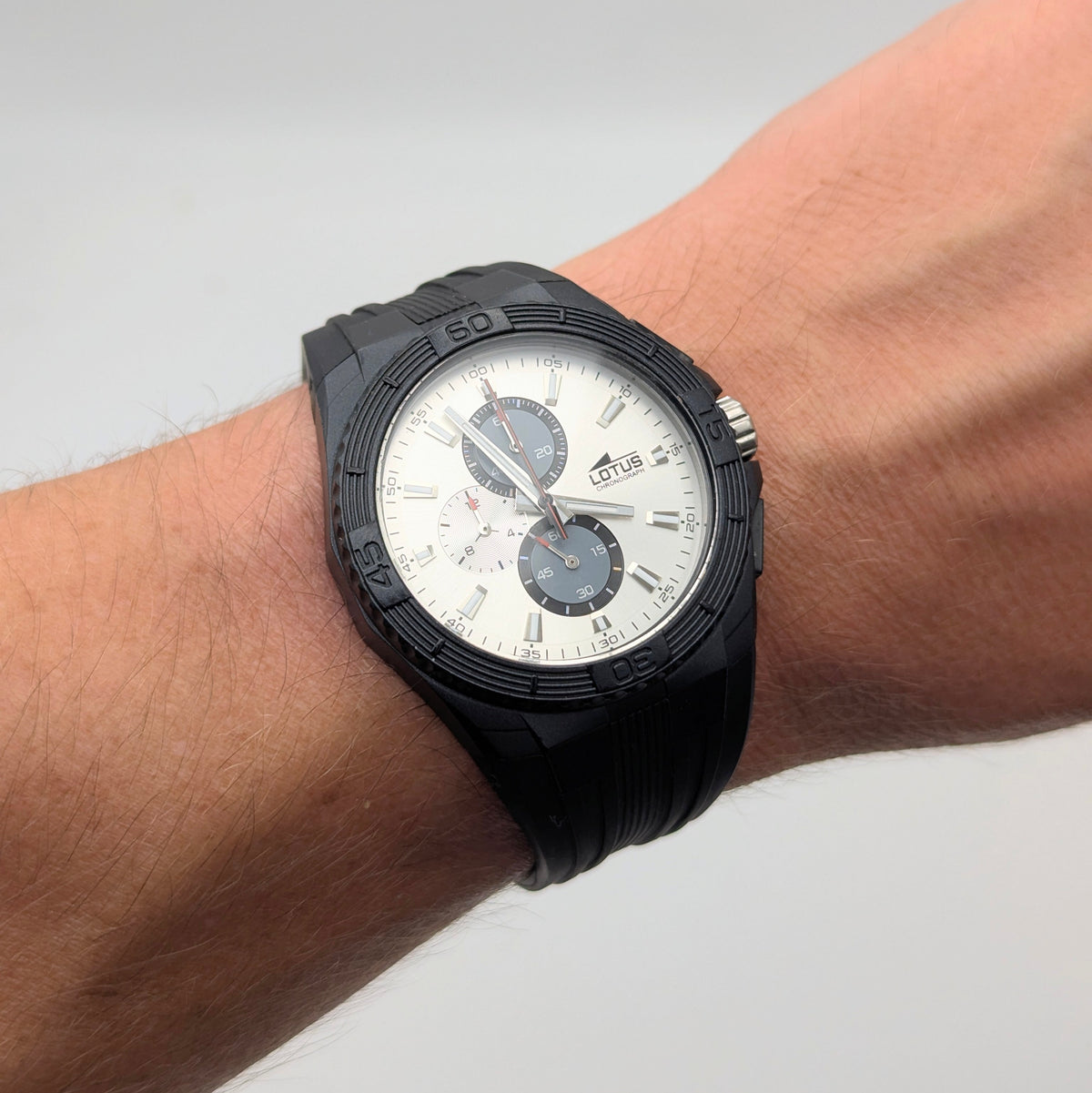Lotus Chronograph Men's Quartz Watch — Black PVD, Silver Dial, Ref 15679, Sold Naked - Bezel & Hide