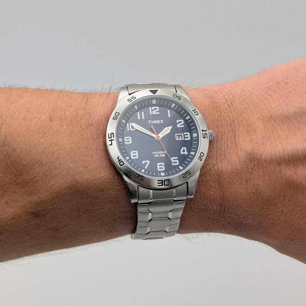 Timex Fieldstone Way Indiglo WR50M Sport Watch — Navy Dial, Expansion Bracelet, Date, Sold Naked - Bezel & Hide