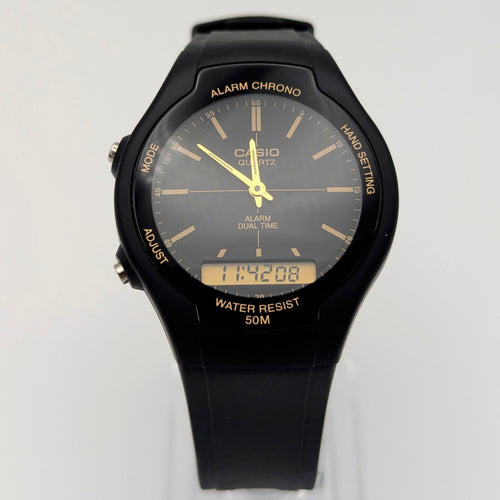Casio AMW-90H Ana-Digi Watch — Black Resin, Gold Dial, Dual Time, Alarm, Sold Naked - Bezel & Hide