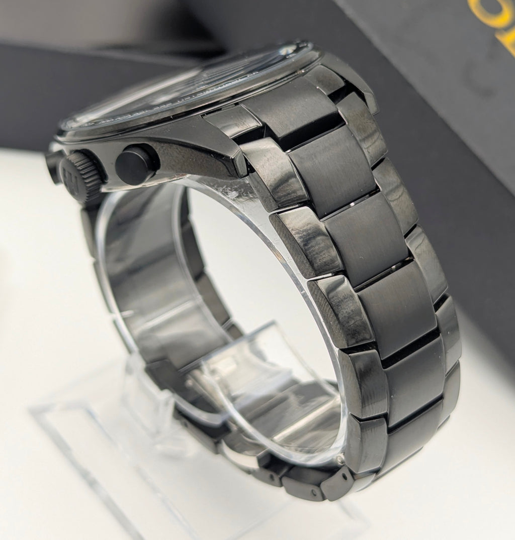 Holuns Men's Chronograph Watch — 51mm Black PVD, Grey Dial, Tachymeter, Boxed with Spare Links - Bezel & Hide