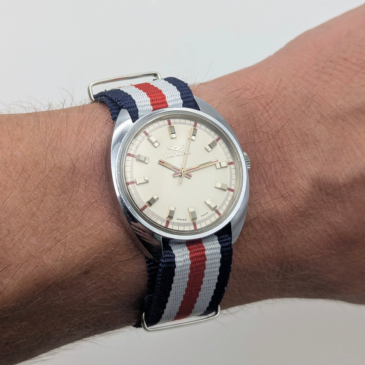 Mondia Manual Wind Watch Mens — Vintage Swiss Cushion Case, Silver Sunburst Dial, Sold Naked - Bezel & Hide