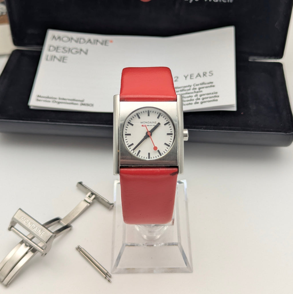 Mondaine Official Swiss Railways Watch L 30 388 OT 7S — Cushion Square, White Dial, Red Leather Strap - Bezel & Hide