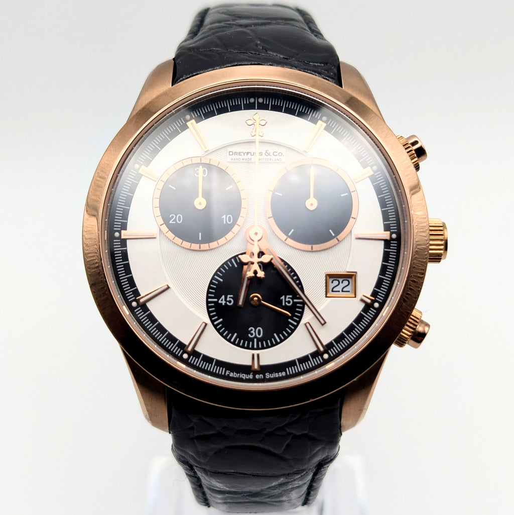 Dreyfuss & Co. Swiss Quartz Chronograph Men's Watch — Rose Gold, White Panda Dial - Bezel & Hide