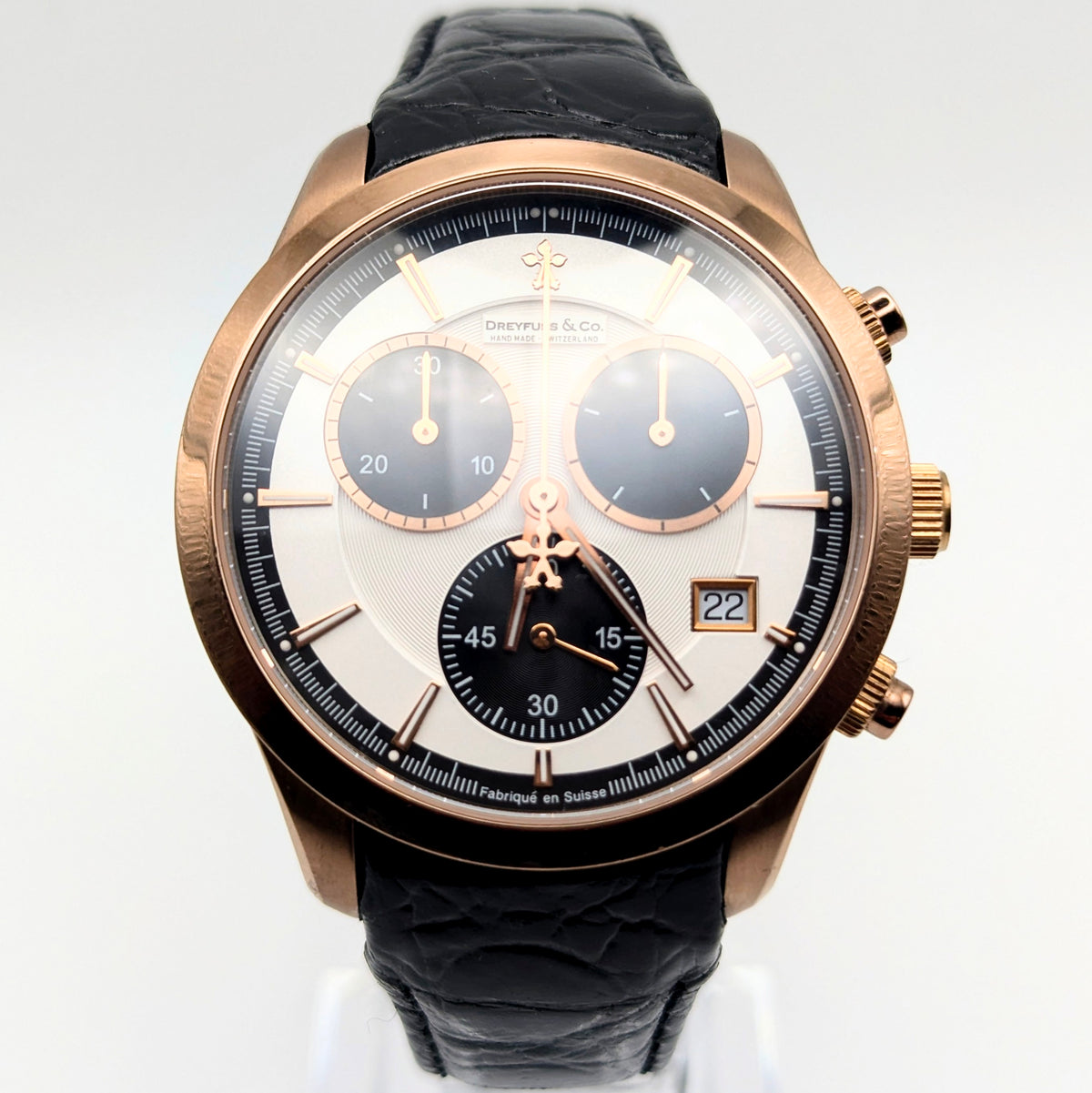 Dreyfuss & Co. Swiss Quartz Chronograph Men's Watch — Rose Gold, White Panda Dial - Bezel & Hide