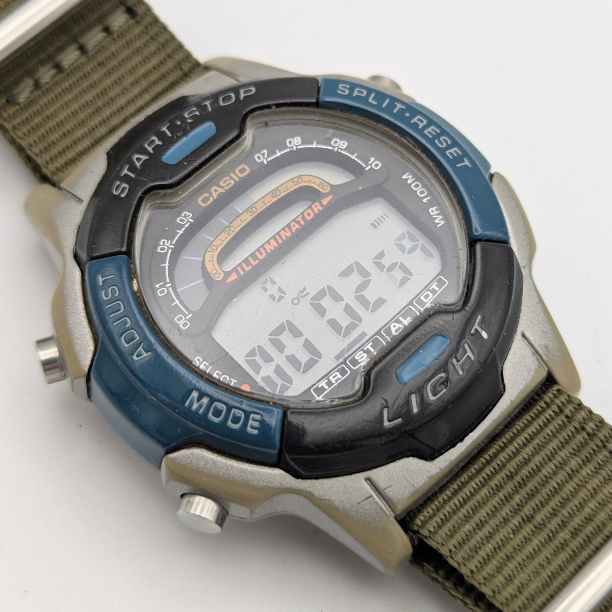 Casio Illuminator W-86 Sports Watch — Olive G10 Strap, 100m WR, Sold Naked - Bezel & Hide