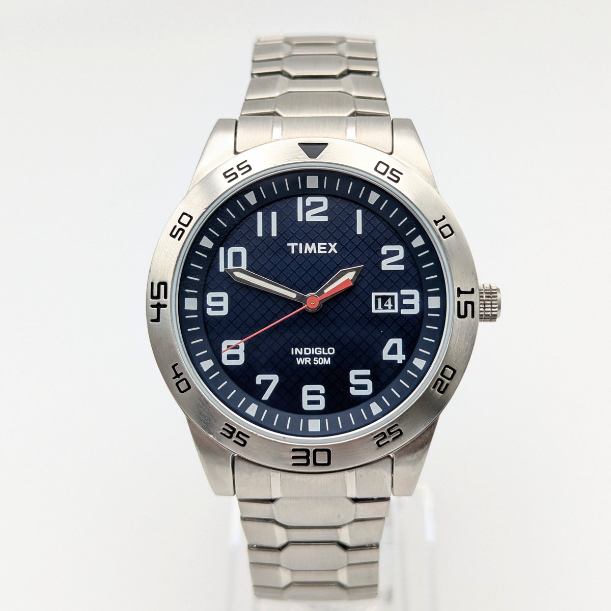 Timex Fieldstone Way Indiglo WR50M Sport Watch — Navy Dial, Expansion Bracelet, Date, Sold Naked - Bezel & Hide