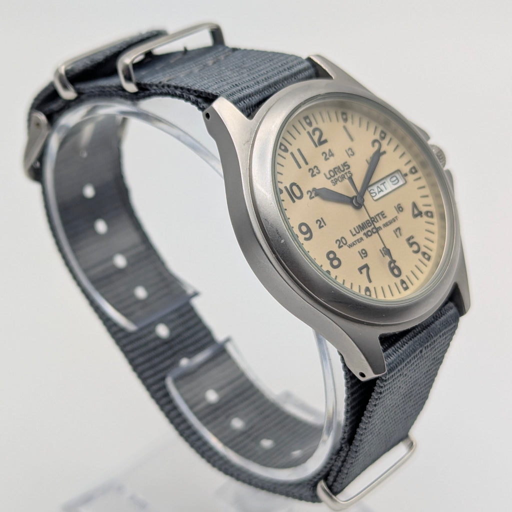 Lorus Sports Military Field Quartz Watch — Cream Lumibrite Dial, Day-Date, 100m WR, NATO Strap, Sold Naked - Bezel & Hide
