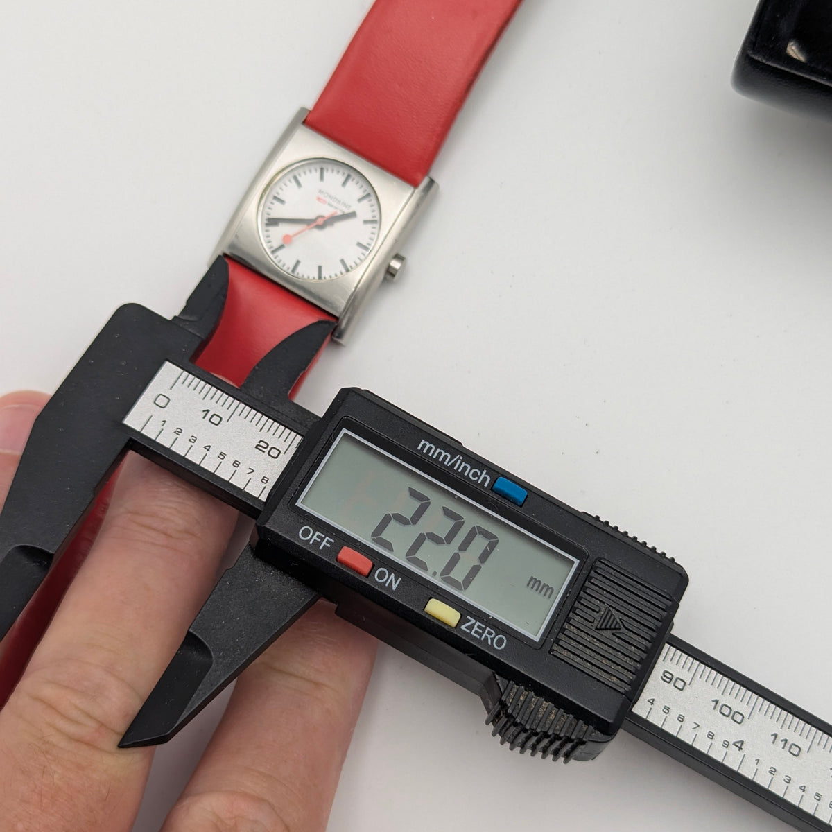 Mondaine Official Swiss Railways Watch L 30 388 OT 7S — Cushion Square, White Dial, Red Leather Strap - Bezel & Hide
