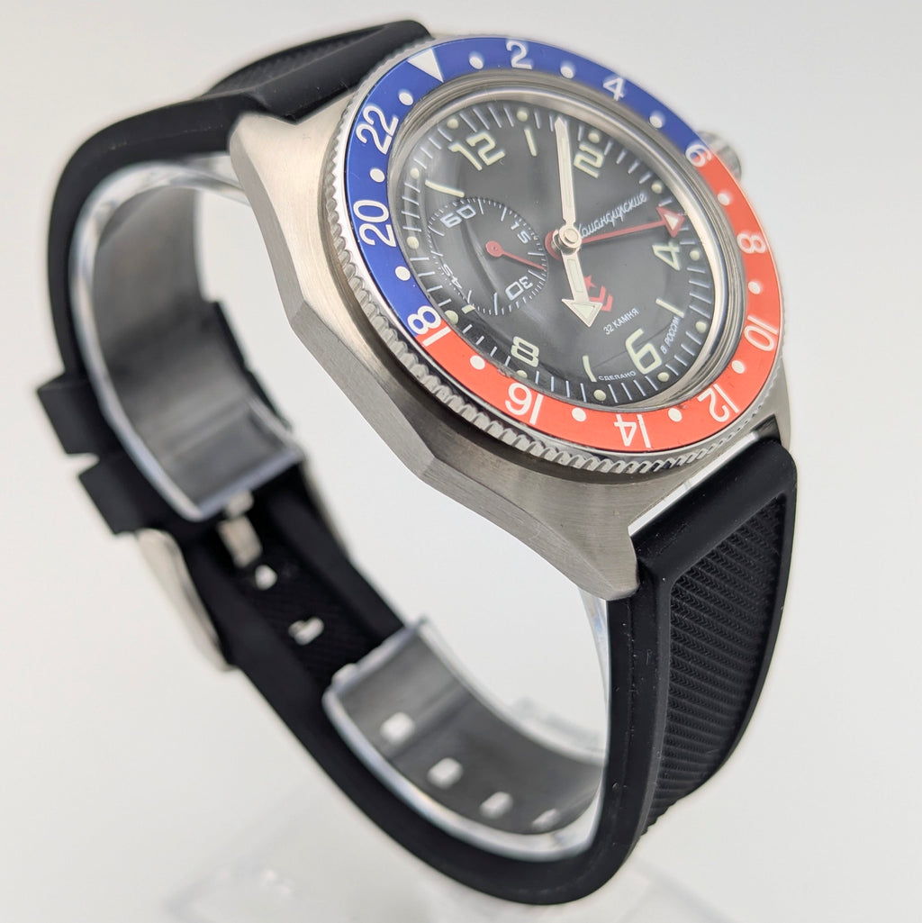 Vostok Komandirskie GMT Automatic — Pepsi Bezel, Black Dial, Men's Watch - Bezel & Hide