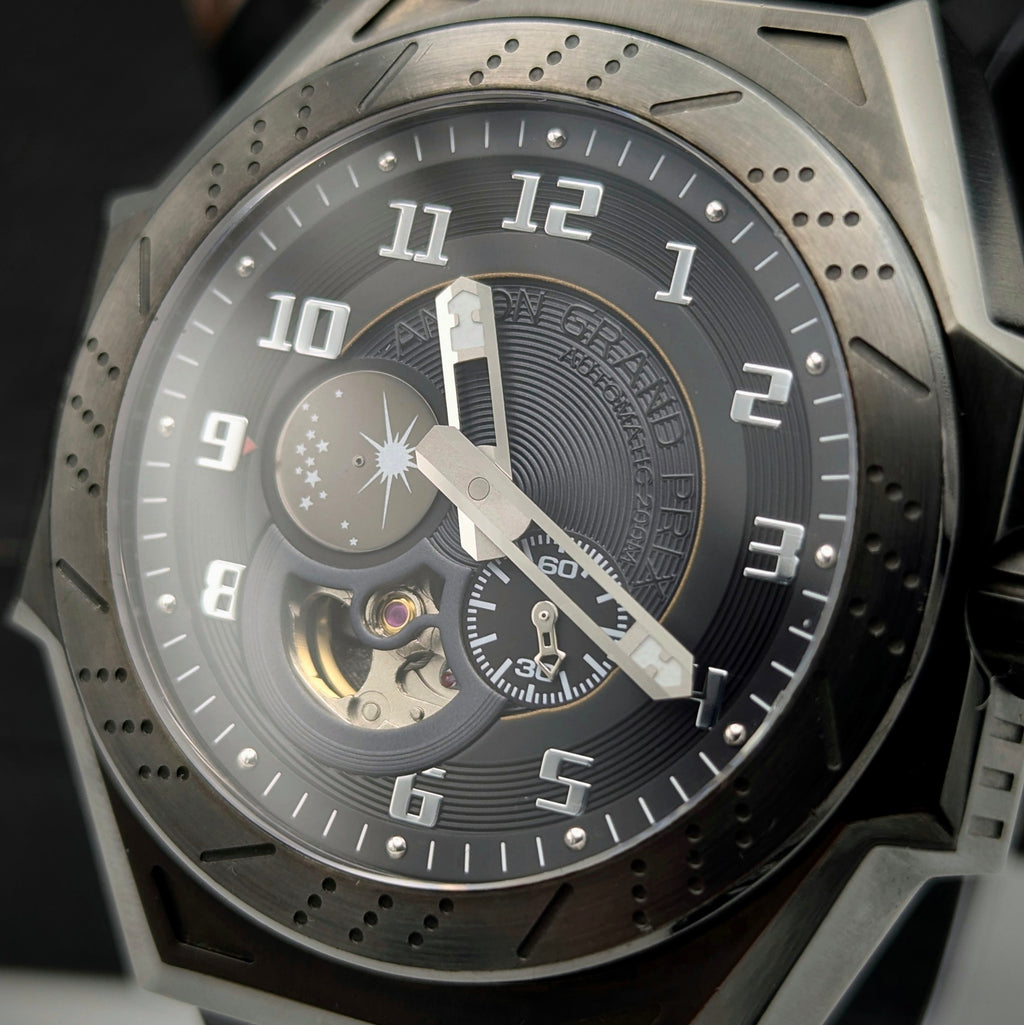 Ancon Grand Prix GP104-0045 Automatic Men's Watch — Gunmetal Black, 47mm, 200m - Bezel & Hide