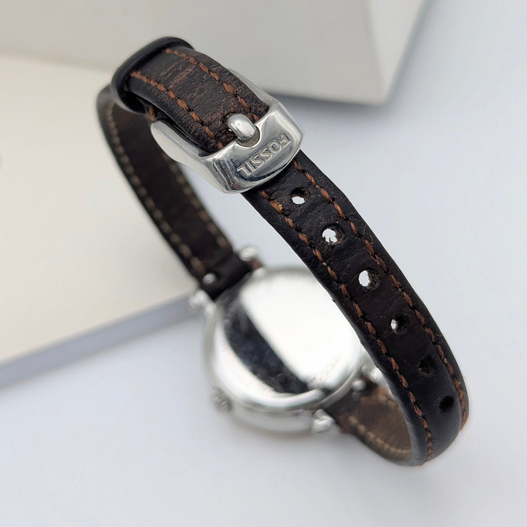 Fossil ES3138 Virginia Ladies' Watch — Rose Gold-Tone Bezel, Grey Dial, Brown Leather Strap - Bezel & Hide