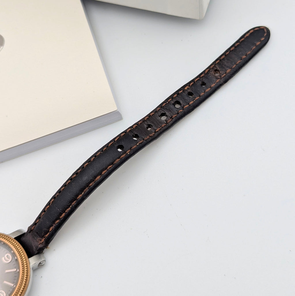 Fossil ES3138 Virginia Ladies' Watch — Rose Gold-Tone Bezel, Grey Dial, Brown Leather Strap - Bezel & Hide