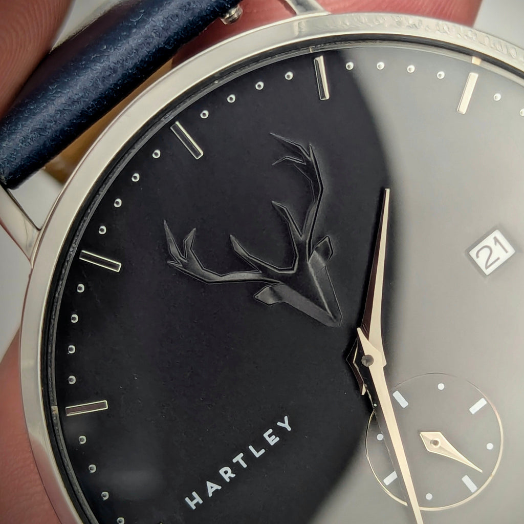 Hartley Stag Charcoal Dial Quartz Men's Watch — Sapphire Crystal, Navy Strap, Boxed - Bezel & Hide