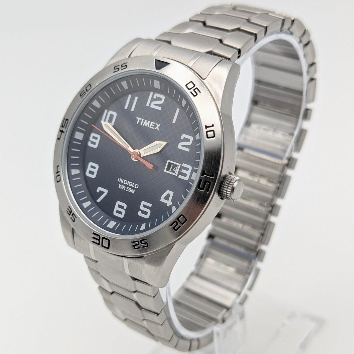Timex Fieldstone Way Indiglo WR50M Sport Watch — Navy Dial, Expansion Bracelet, Date, Sold Naked - Bezel & Hide
