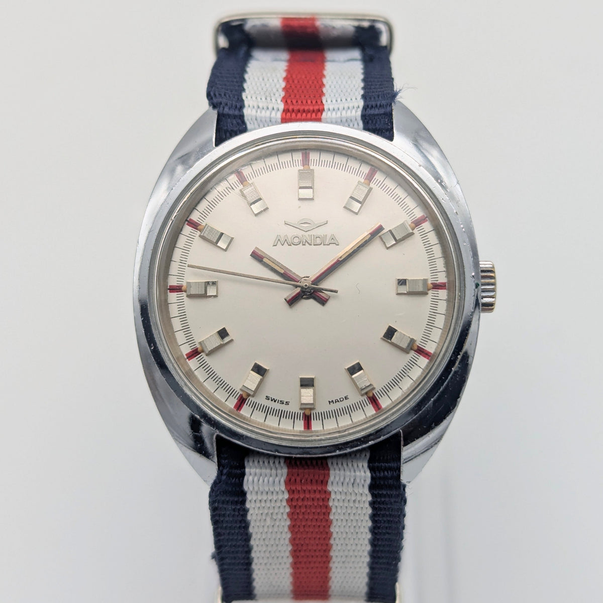 Mondia Manual Wind Watch Mens — Vintage Swiss Cushion Case, Silver Sunburst Dial, Sold Naked - Bezel & Hide