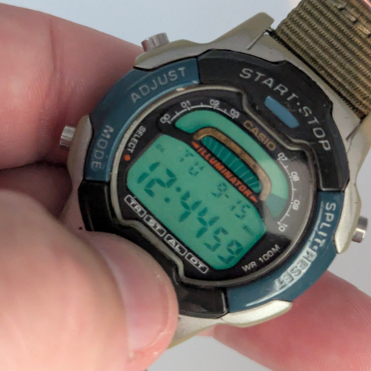 Casio Illuminator W-86 Sports Watch — Olive G10 Strap, 100m WR, Sold Naked - Bezel & Hide