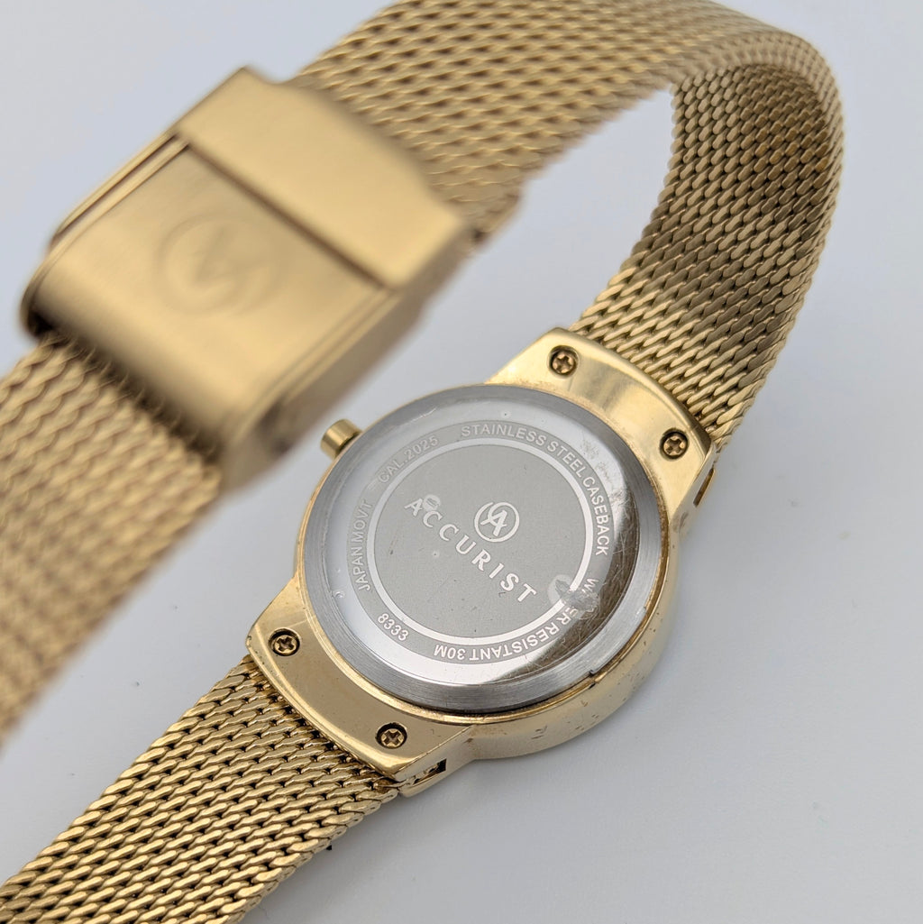 Accurist Ladies Gold-Tone Mesh Watch — Mother-of-Pearl Dial, Crystal-Set Lugs, Sold Naked - Bezel & Hide