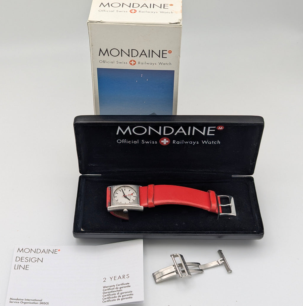 Mondaine Official Swiss Railways Watch L 30 388 OT 7S — Cushion Square, White Dial, Red Leather Strap - Bezel & Hide