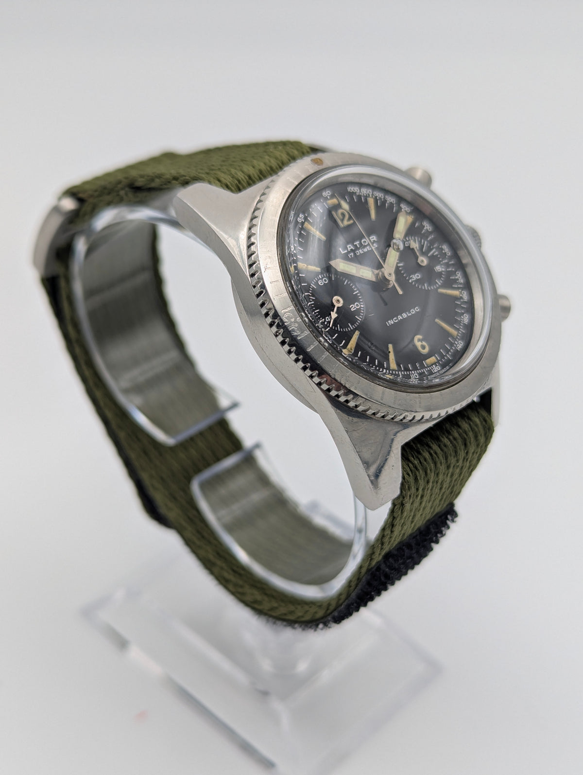 Lator Landeron Manual-Wind Chronograph | Black Dial & Olive Green Strap