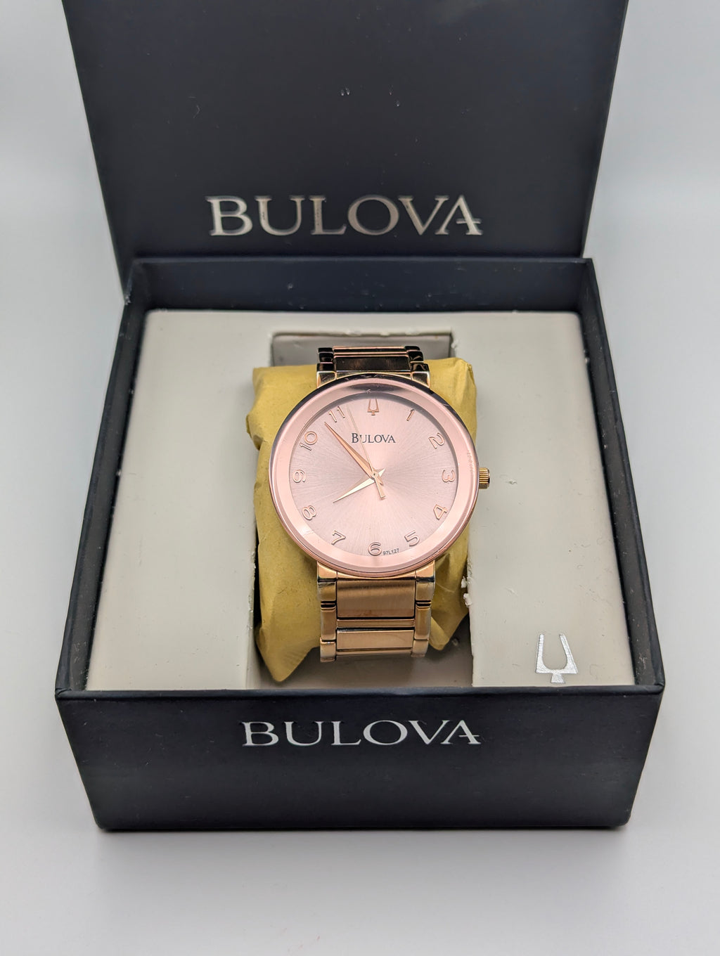 Bulova 97L127 Women's Pink Sunburst Dial Watch, Gold-Tone Bracelet, Boxed - Bezel & Hide