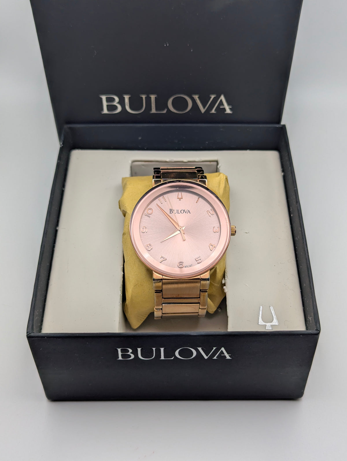 Bulova 97L127 Women's Pink Sunburst Dial Watch, Gold-Tone Bracelet, Boxed - Bezel & Hide