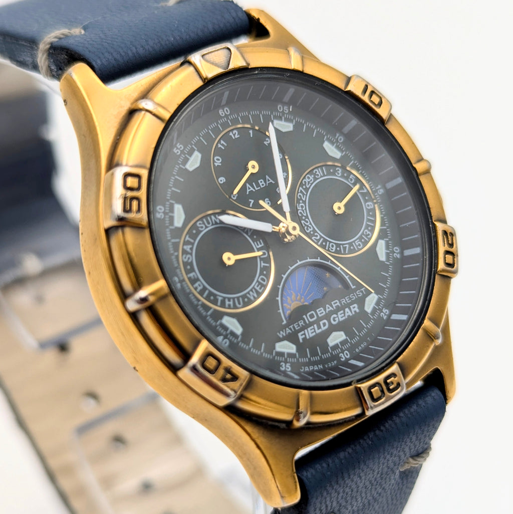 Alba Field Gear V33F-6A80 Triple Calendar Watch – Gold Tone, Dark Dial
