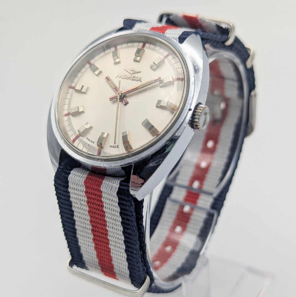 Mondia Manual Wind Watch Mens — Vintage Swiss Cushion Case, Silver Sunburst Dial, Sold Naked - Bezel & Hide