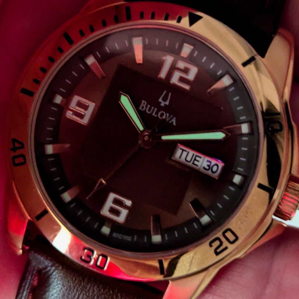 Bulova Sport Quartz Men's Watch — Rose Gold-Tone, Charcoal Dial, Day-Date, Lume - Bezel & Hide