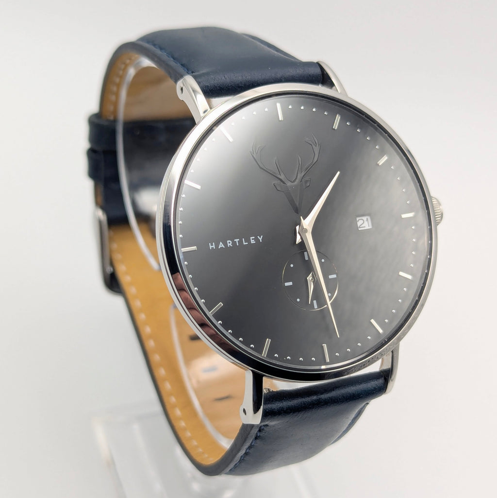 Hartley Stag Charcoal Dial Quartz Men's Watch — Sapphire Crystal, Navy Strap, Boxed - Bezel & Hide