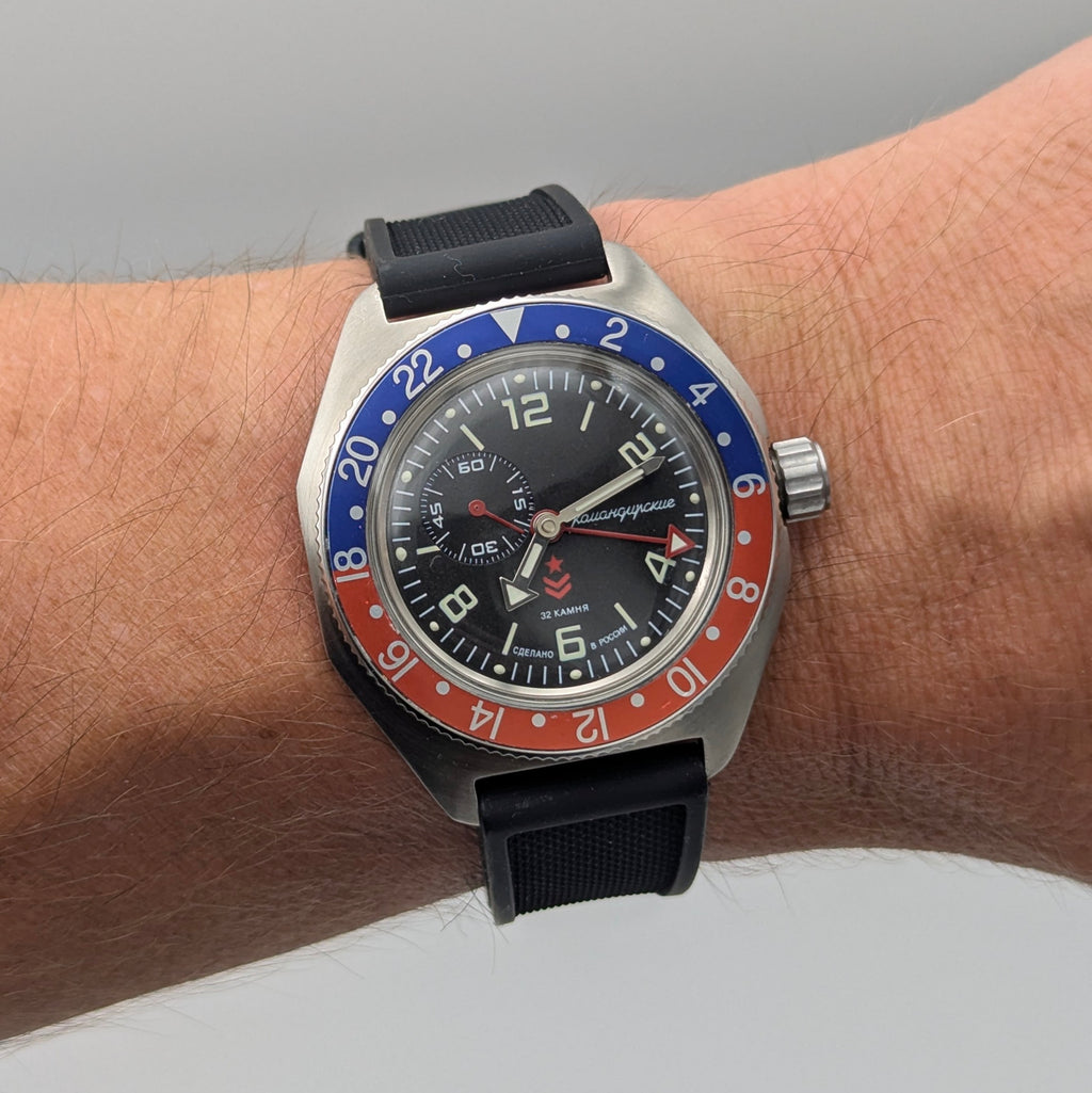 Vostok Komandirskie GMT Automatic — Pepsi Bezel, Black Dial, Men's Watch - Bezel & Hide