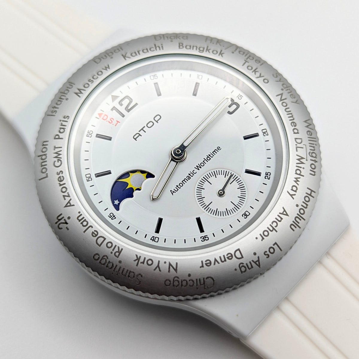 ATOP Automatic Worldtime Quartz Watch — White, Moon Phase, DST Indicator - Bezel & Hide