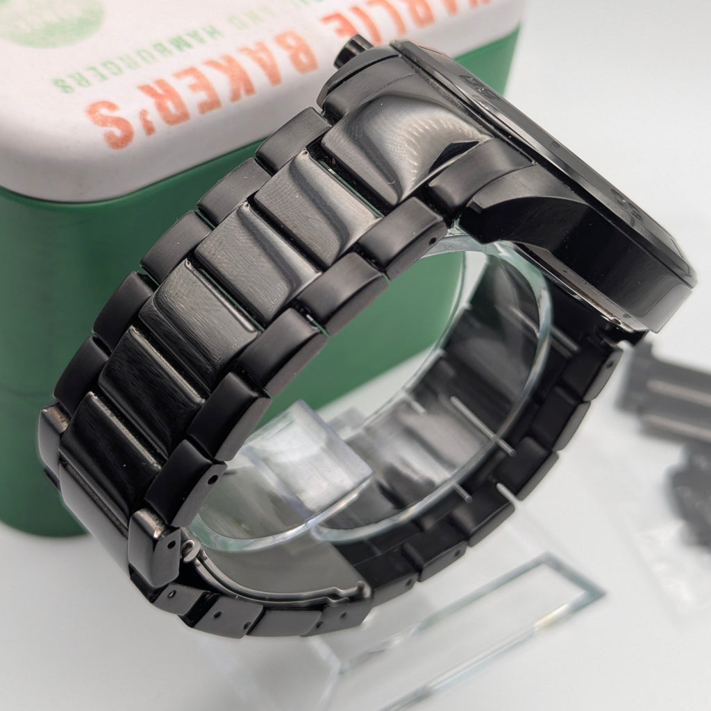 Fossil BQ2184 Quartz Chronograph — Black Dial, Gunmetal-Tone Bracelet, Tin & Spare Links - Bezel & Hide